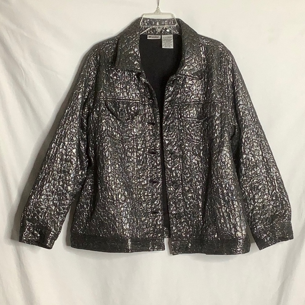 Vintage Quilted Shiny Button-Front Jacket Size 2X Black Silver Metallic